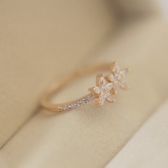 🍁 Lovely Double Flower Zircon Pure Rose Gold Lovely Rings for Women, EVGG1470 - Picture 6 of 6